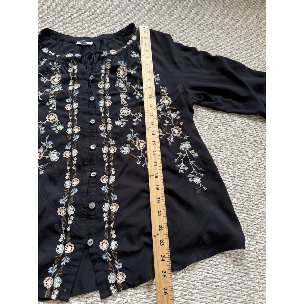J Jill Black Floral Embroidered Boho Top: Flowy Country Cottage Cottagecore L - Picture 6 of 9